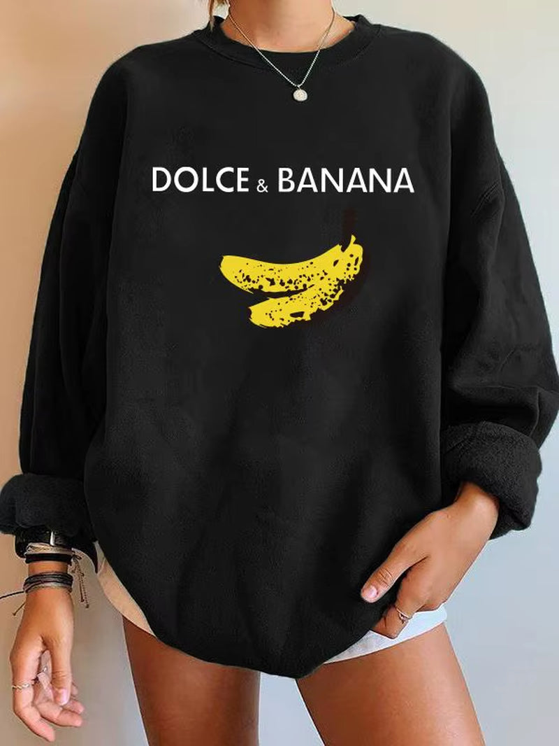 Banana Print Women Sweatshirts Streetwear round Neck Long Sleeve Drop Shoulder Loose Winter Woman Sweatshirts Moletom