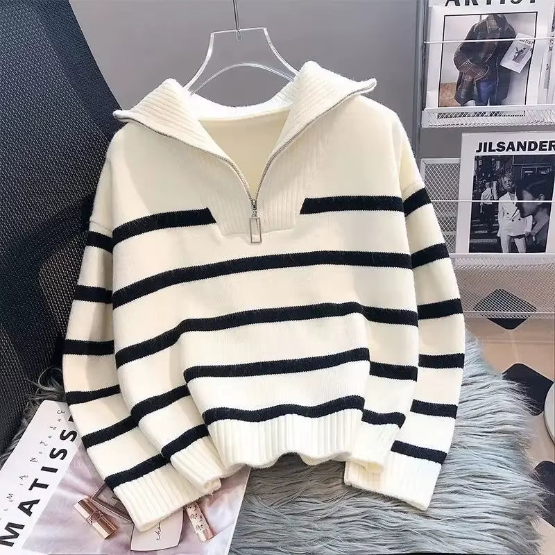 Sweater Pullover Women Spring and Autumn Underwear New Zipper Stripe Underlay Short Style Popular Premium Sweater Female