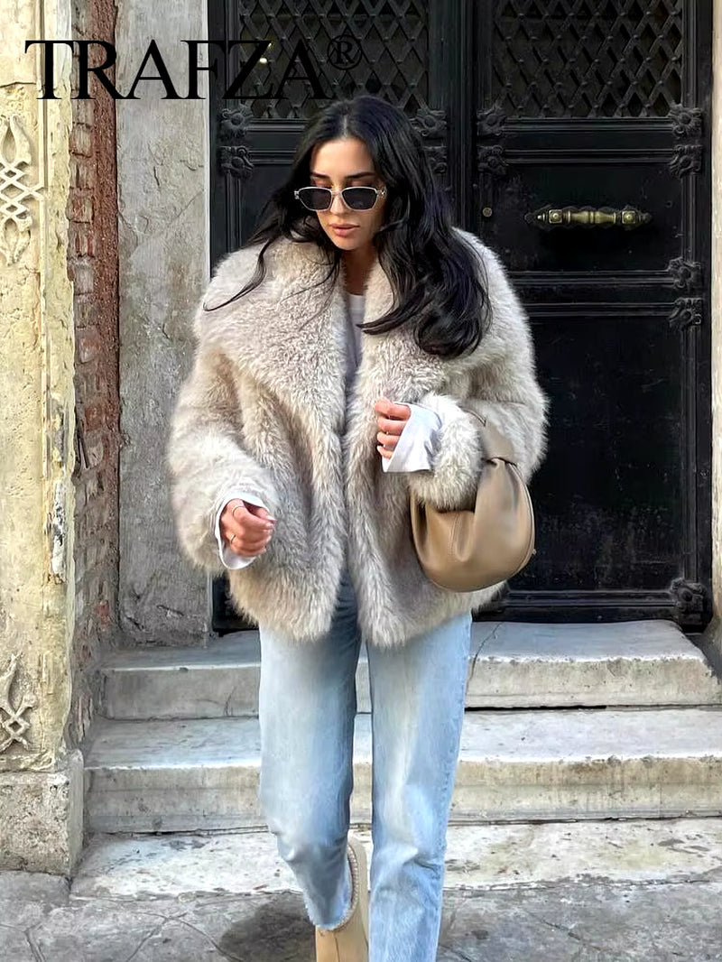 TRAF 2024 Women Fashion Cropped Faux Fur Jacket Coat Long Sleeve Front Snap-Button Female Outerwear Chic Lapel Collar Thick Coat