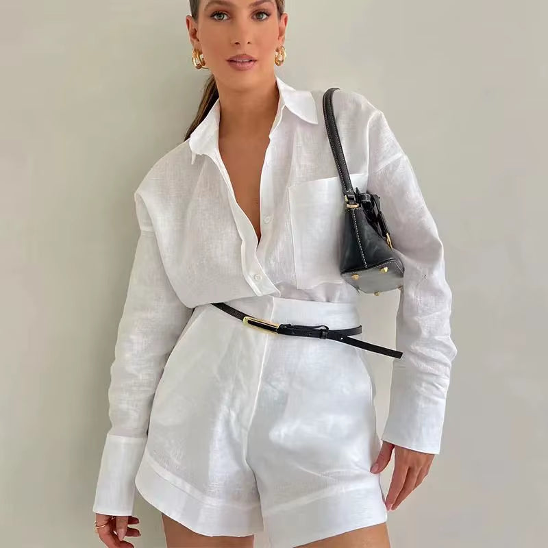 Women Summer Shorts Sets Long Sleeve Blouses with Short Pants 2 Pieces Set Lightweight Shirts Tracksuit Casual Loose Outfits