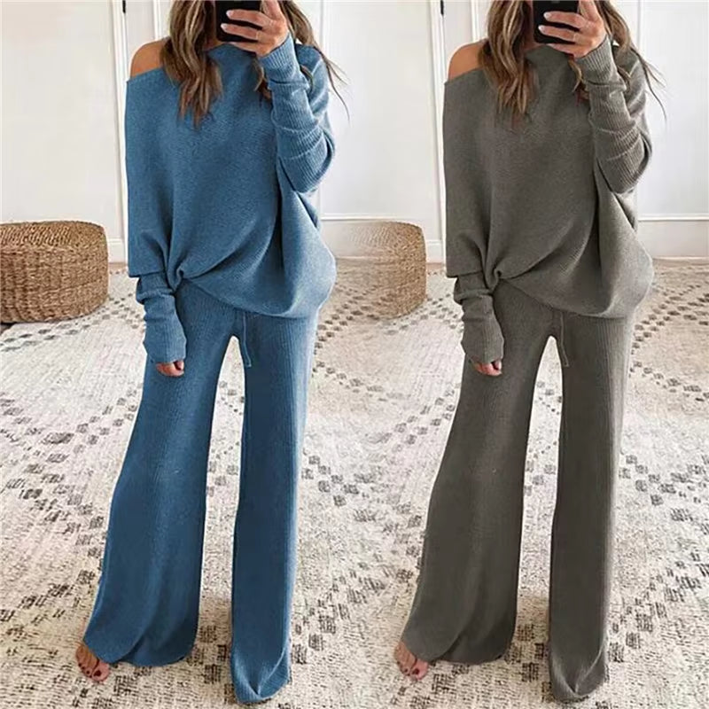 2Pcs Autumn Winter Pant Suits Women Outfits Knitted Pullover off Shoulder Top Wide Leg Pants Two-Piece Set Women Tracksuits