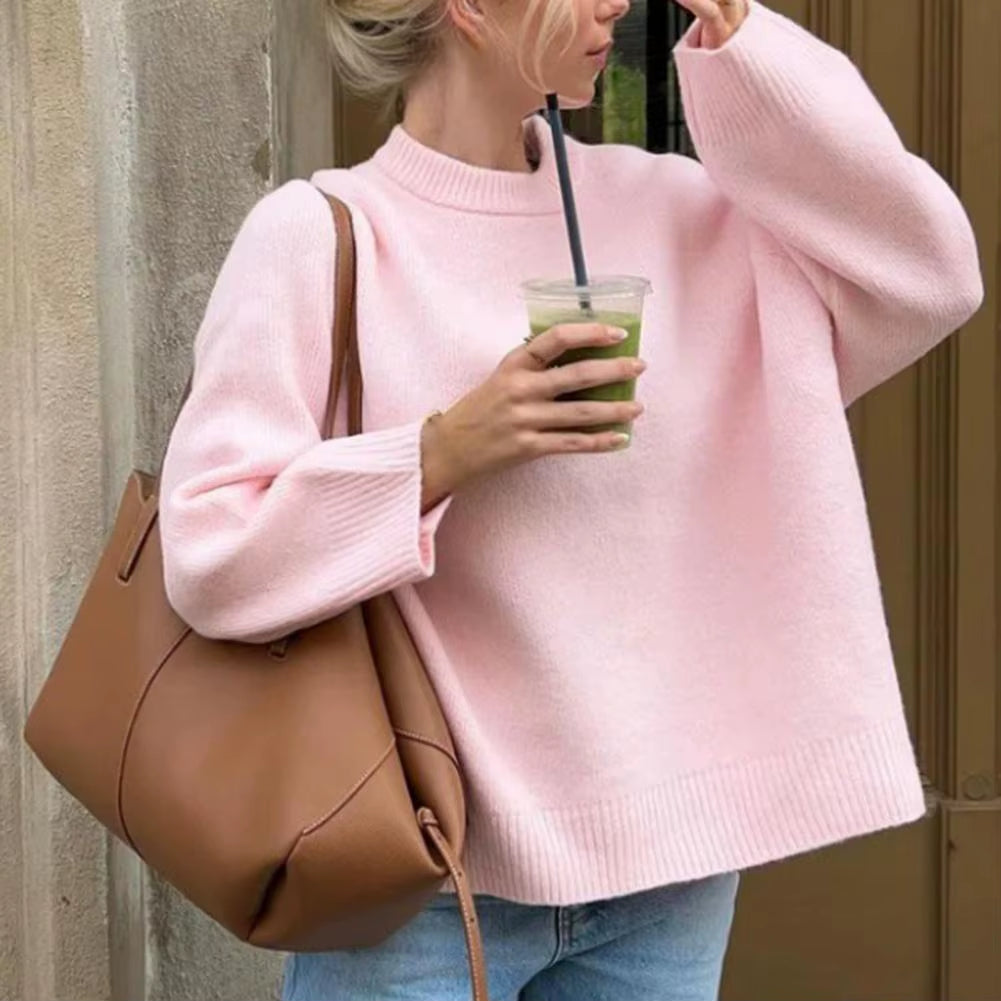 Fashion Solid Loose Sweater for Women Elegant O-Neck Long Sleeve Knitted Pullover Top 2023 Autumn Female Warm Thick Tops Jumpers