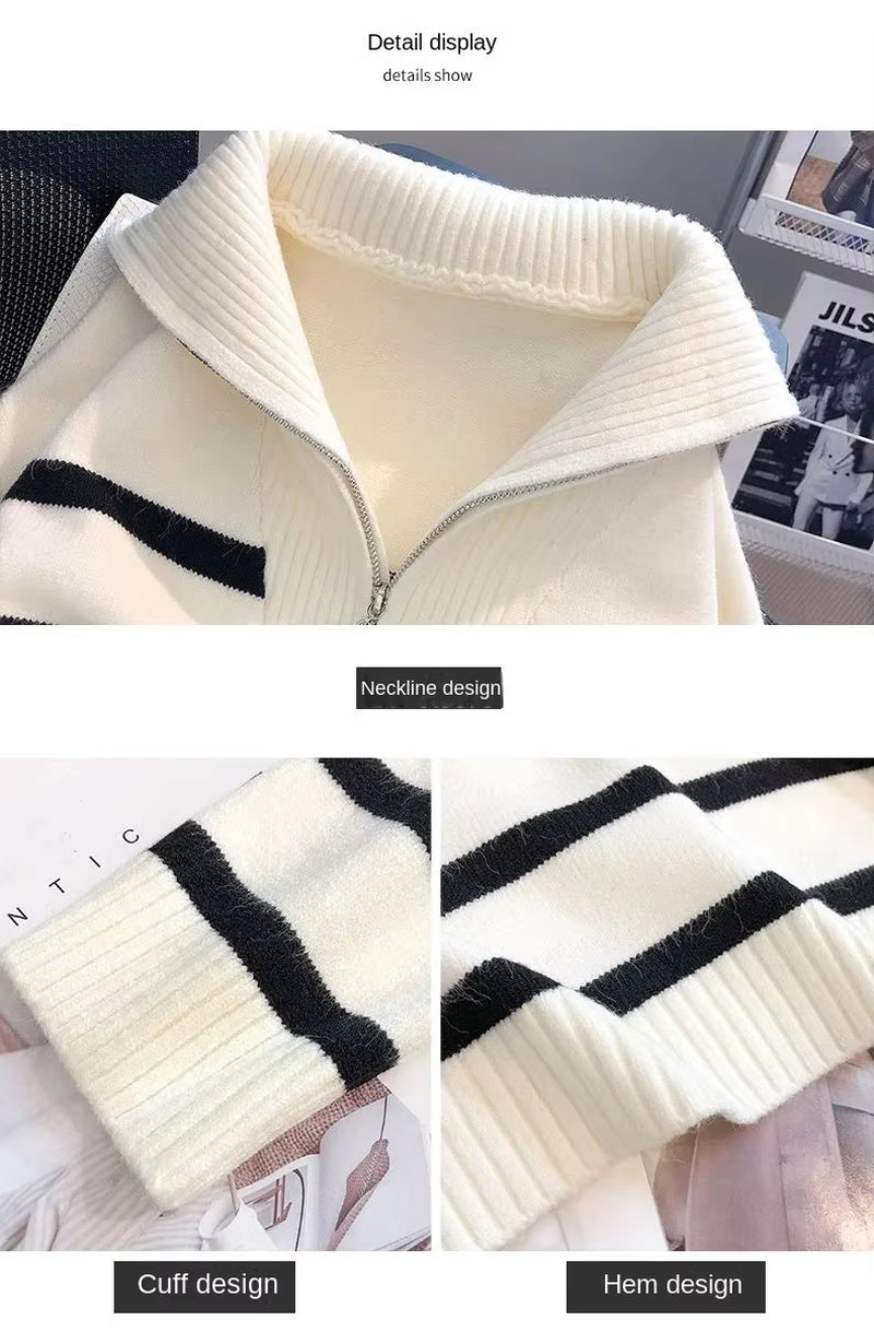 Sweater Pullover Women Spring and Autumn Underwear New Zipper Stripe Underlay Short Style Popular Premium Sweater Female