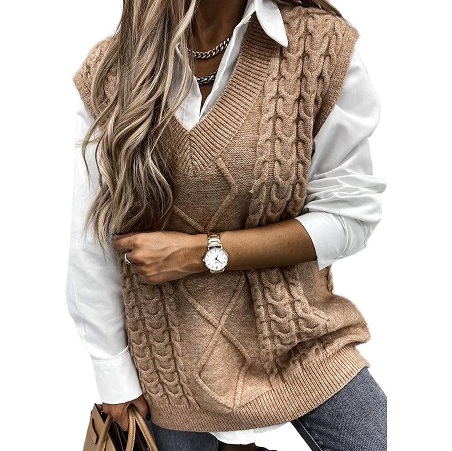 Ladies Knitted Jacquard Sweater Winter Clothes Women Sleeveless V-Neck Sweater Vest Retro College Uniform Female Sweater Top