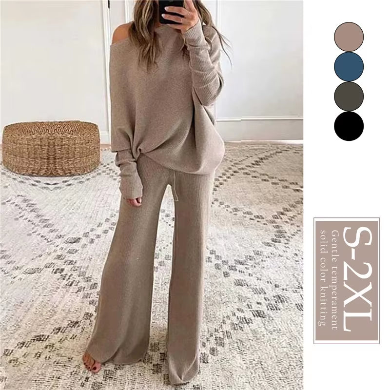 2Pcs Autumn Winter Pant Suits Women Outfits Knitted Pullover off Shoulder Top Wide Leg Pants Two-Piece Set Women Tracksuits