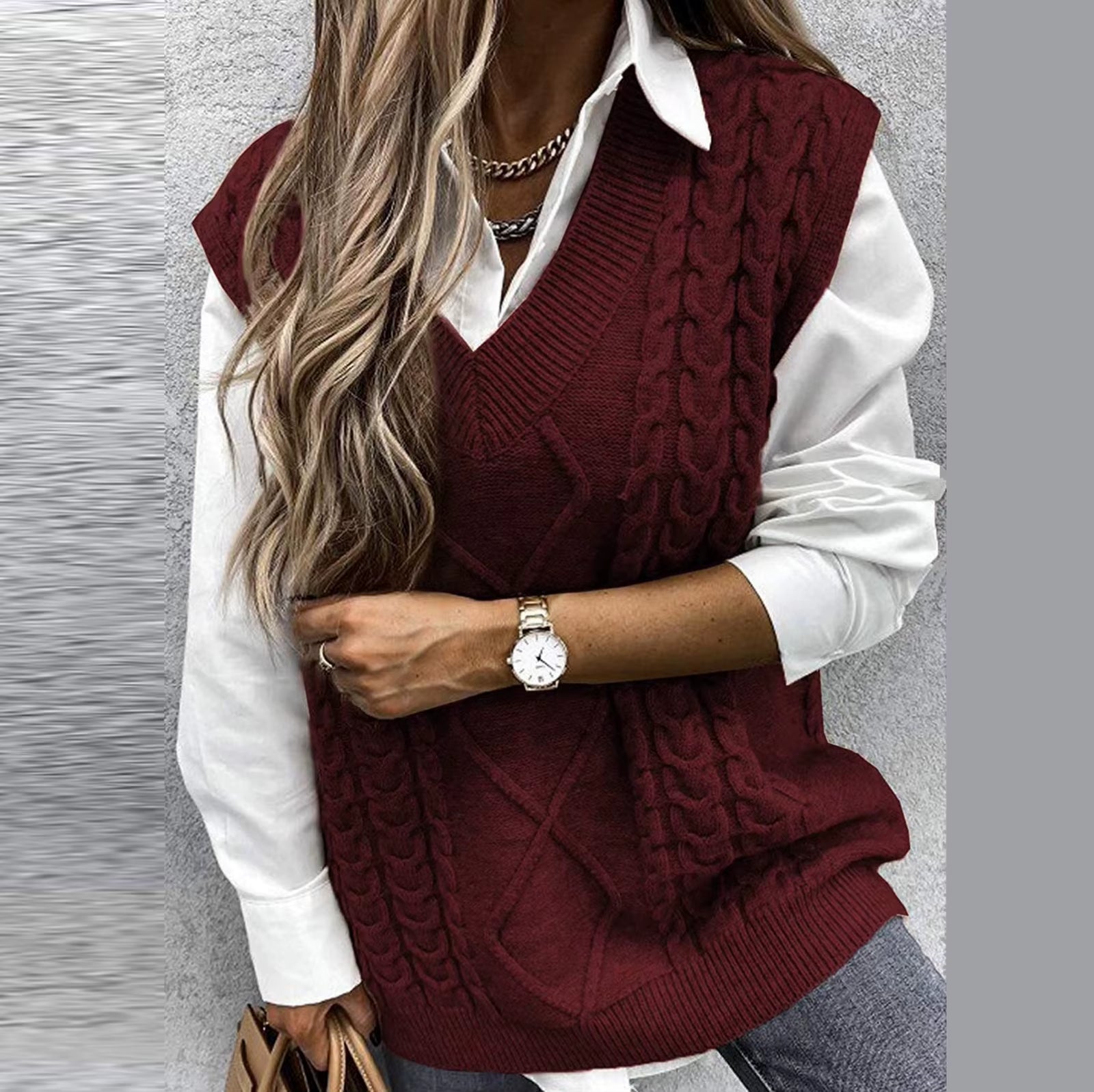 Ladies Knitted Jacquard Sweater Winter Clothes Women Sleeveless V-Neck Sweater Vest Retro College Uniform Female Sweater Top