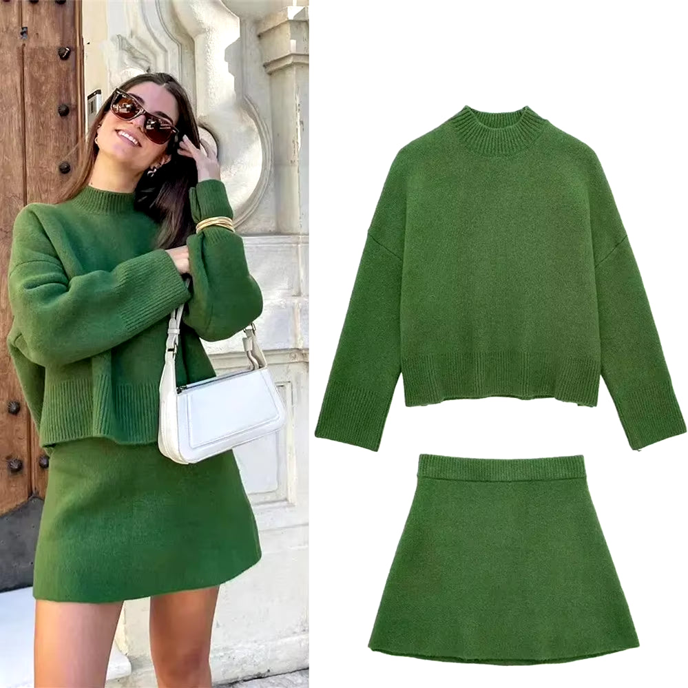 Ladies Autumn Winter Skirts Suit Women Long Sleeve O Neck Sweater Pullover Top Women Elegant Solid Slim A-Line Mini Skirt Set