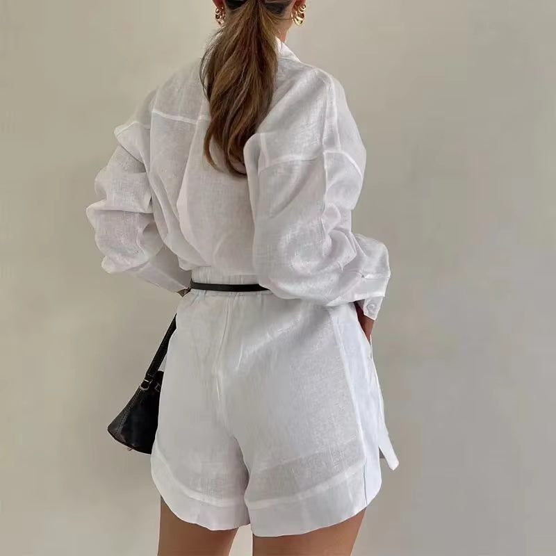 Women Summer Shorts Sets Long Sleeve Blouses with Short Pants 2 Pieces Set Lightweight Shirts Tracksuit Casual Loose Outfits