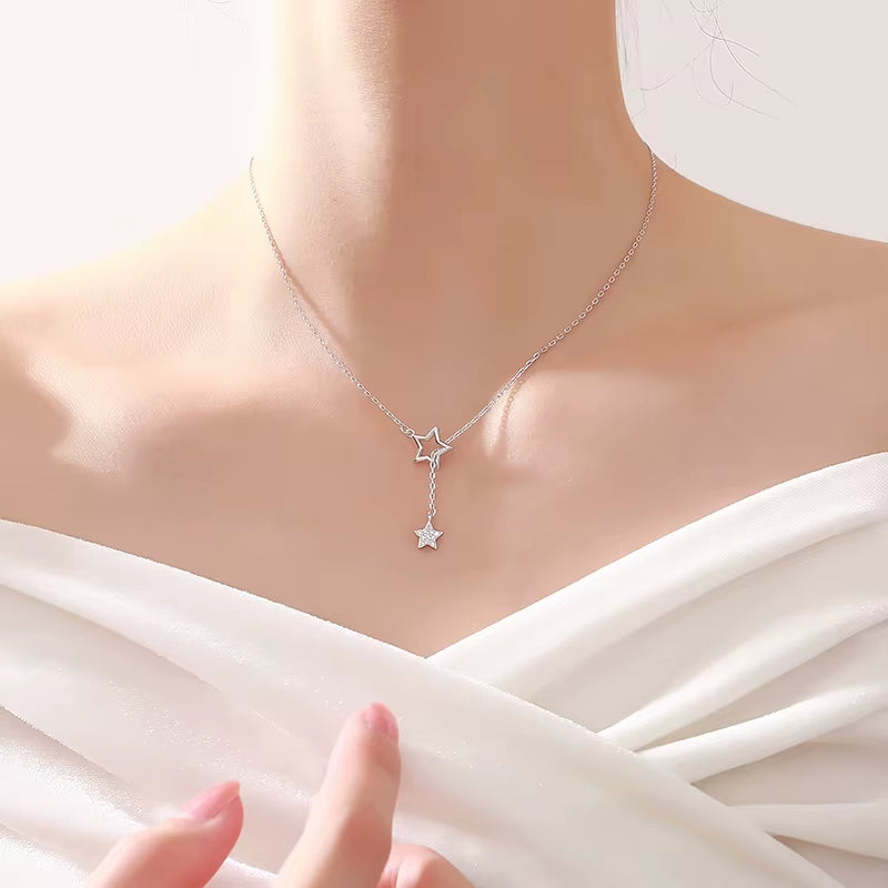 Christmas Gift 925 Sterling Silver Cute Shiny Star Choker Drop Charm Necklaces Charming Woman Wedding Party Birthday Jewelry