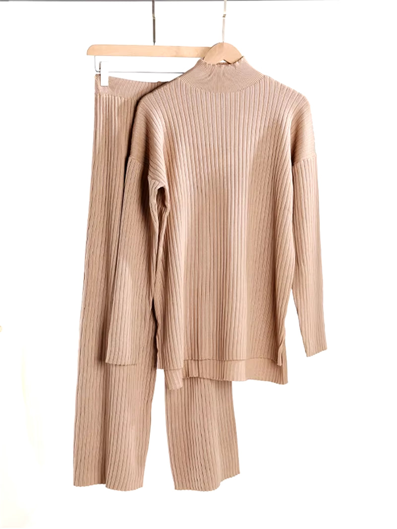 Autumn Winter 2 Pieces Women Sets Knitted Tracksuit Turtleneck Sweater and Straight Jogging Pants Suits