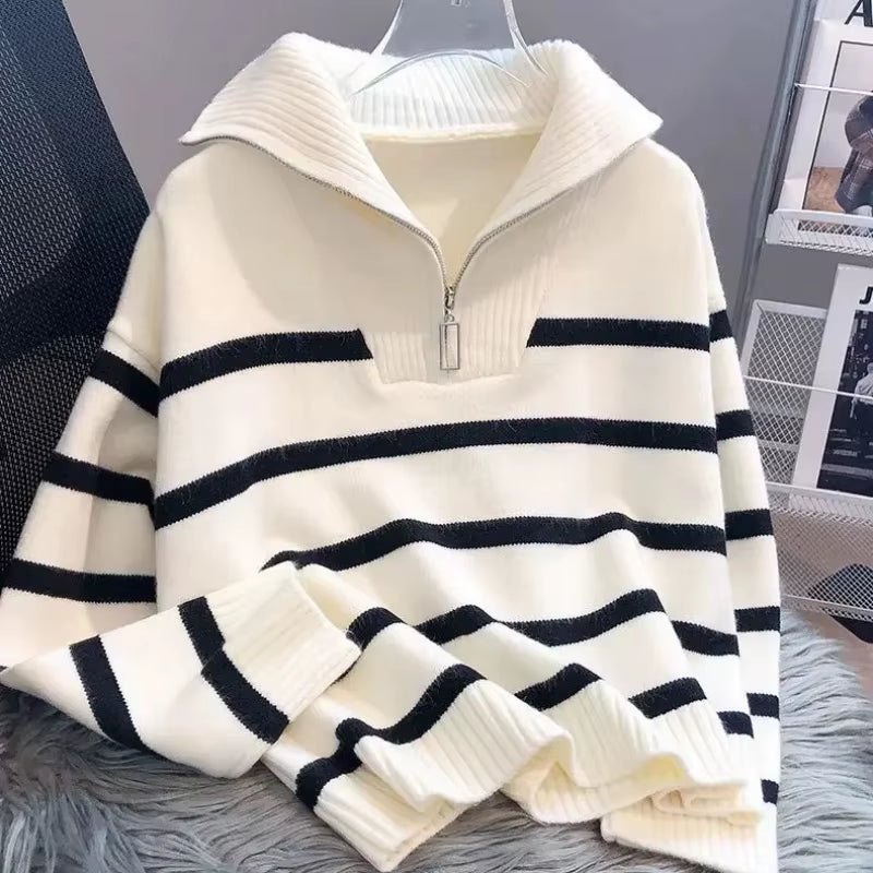 Sweater Pullover Women Spring and Autumn Underwear New Zipper Stripe Underlay Short Style Popular Premium Sweater Female