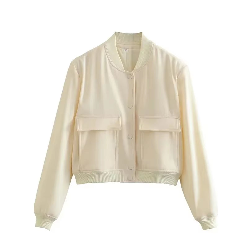 Woman Bomber Jacket Coat White Autumn Winter Button Baseball Aviator Cropped Jackets for Women Long Sleeve Crop Outerwear