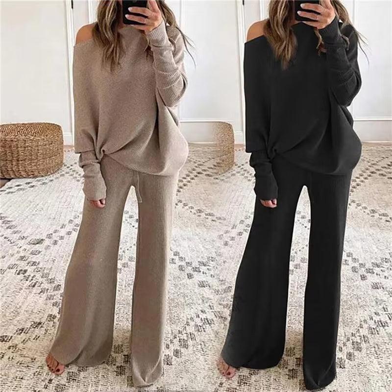 2Pcs Autumn Winter Pant Suits Women Outfits Knitted Pullover off Shoulder Top Wide Leg Pants Two-Piece Set Women Tracksuits