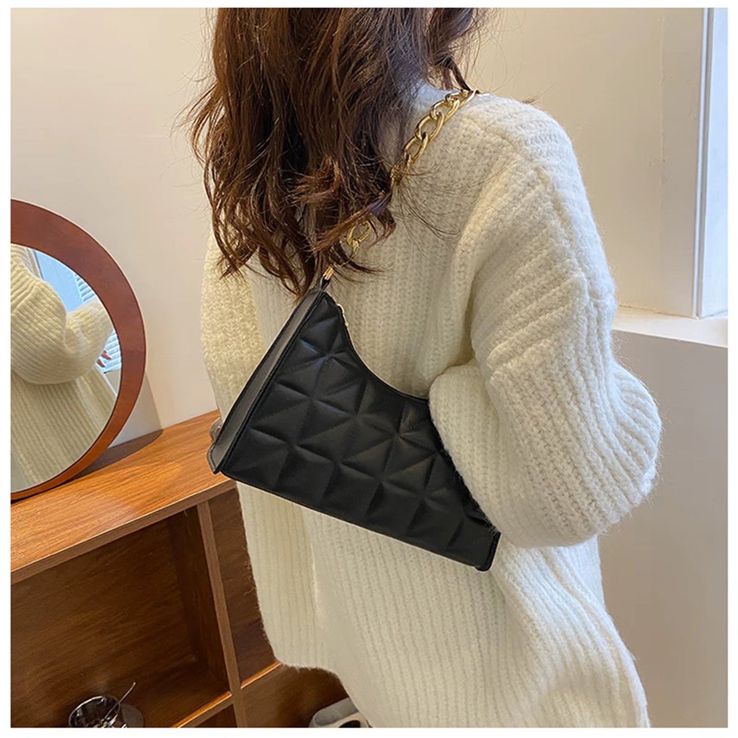 Women'S Diamond Pattern Shoulder Bag PU Leather Solid Color Niche Chain Handbag Fashion Females Underarm Shopping Bag