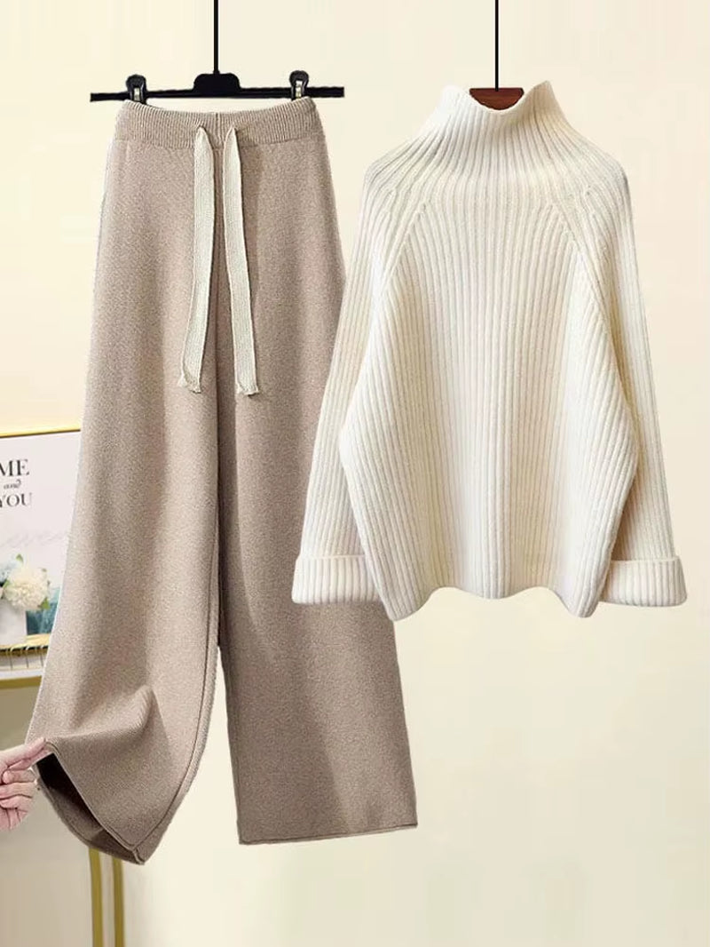 Winter Warm Knitwears Sets for Women Turtleneck Long Sleeve Pullover Sweater+High Waist Wide Leg Drawstring Knitted Pants Sets