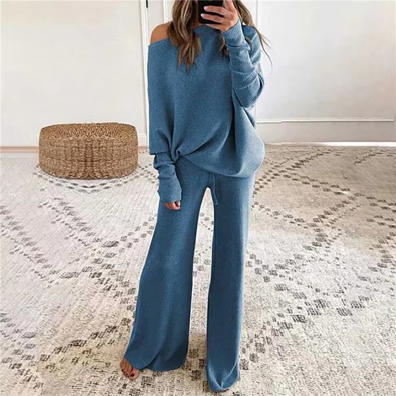 2Pcs Autumn Winter Pant Suits Women Outfits Knitted Pullover off Shoulder Top Wide Leg Pants Two-Piece Set Women Tracksuits