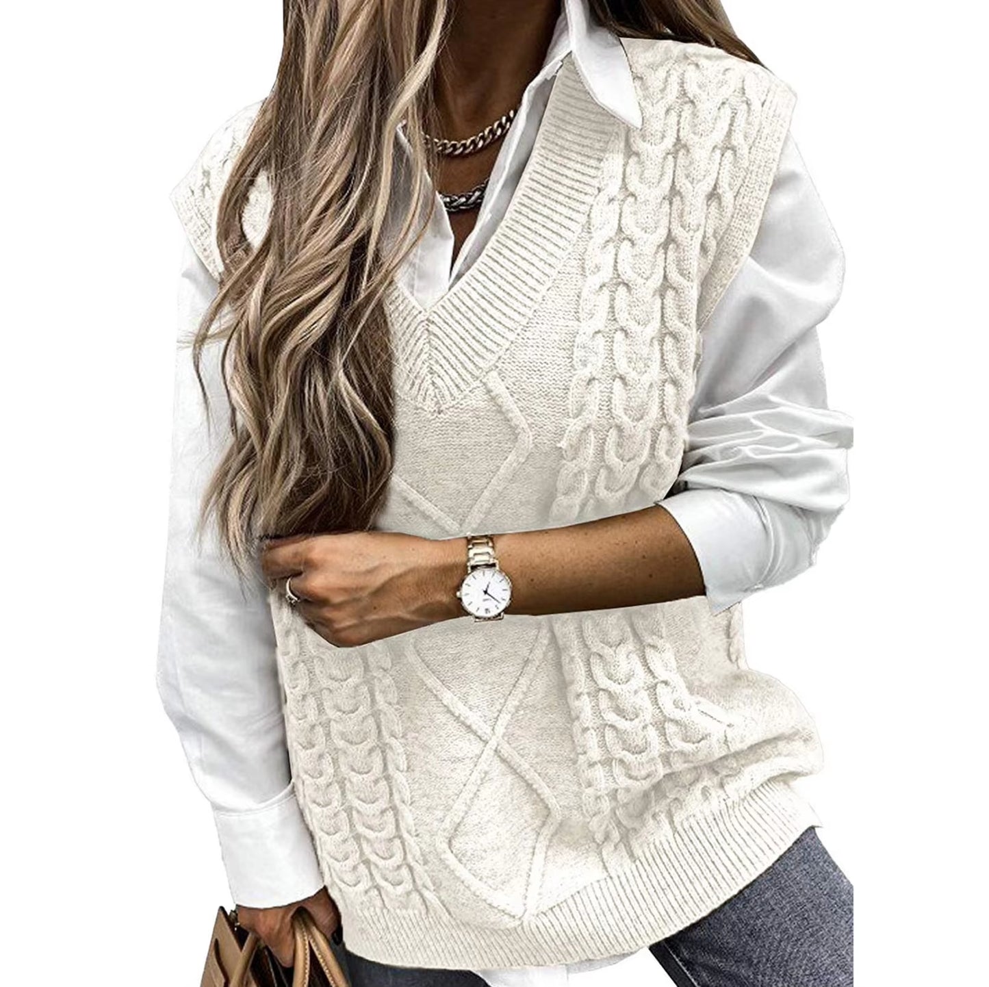 Ladies Knitted Jacquard Sweater Winter Clothes Women Sleeveless V-Neck Sweater Vest Retro College Uniform Female Sweater Top