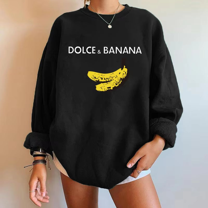 Banana Print Women Sweatshirts Streetwear round Neck Long Sleeve Drop Shoulder Loose Winter Woman Sweatshirts Moletom