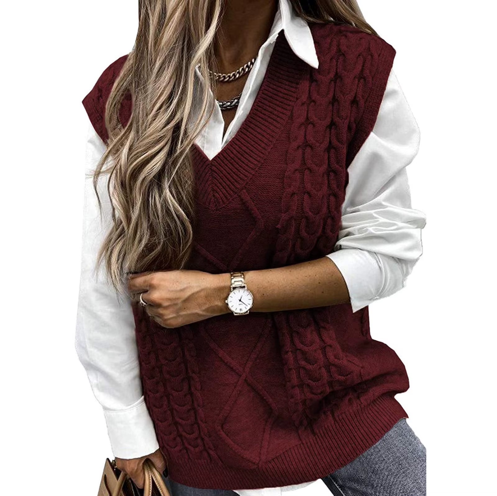 Ladies Knitted Jacquard Sweater Winter Clothes Women Sleeveless V-Neck Sweater Vest Retro College Uniform Female Sweater Top