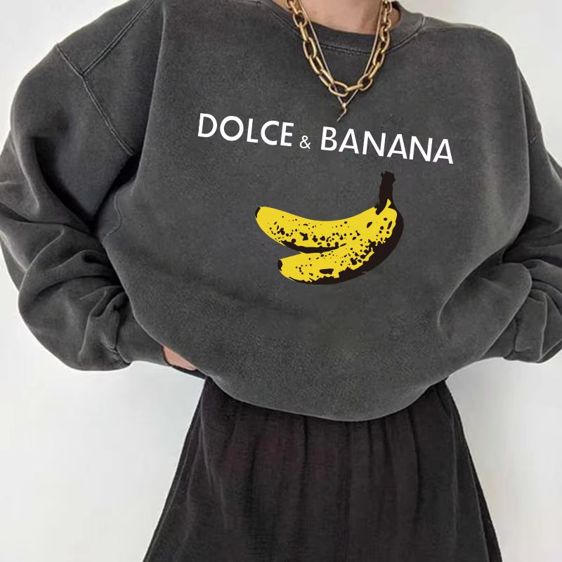 Banana Print Women Sweatshirts Streetwear round Neck Long Sleeve Drop Shoulder Loose Winter Woman Sweatshirts Moletom