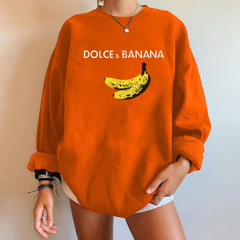 Banana Print Women Sweatshirts Streetwear round Neck Long Sleeve Drop Shoulder Loose Winter Woman Sweatshirts Moletom