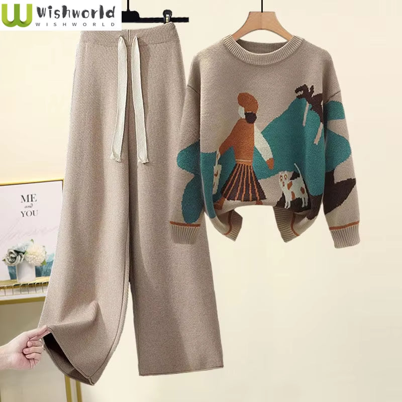 Autumn and Winter Set Women'S New Western Style Knitted Sweater Women'S Loose and Slimming Casual Pants Two Piece Set Fashion