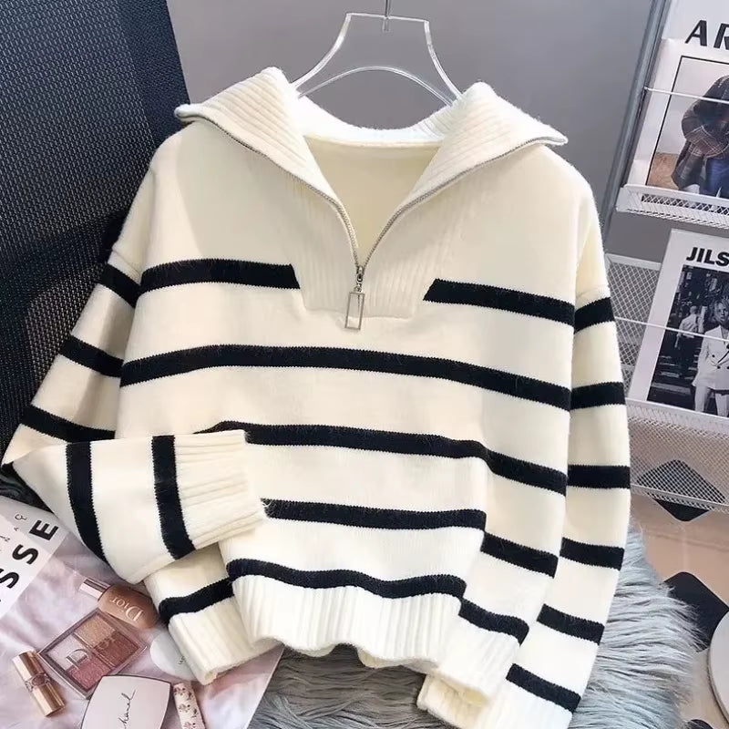 Sweater Pullover Women Spring and Autumn Underwear New Zipper Stripe Underlay Short Style Popular Premium Sweater Female