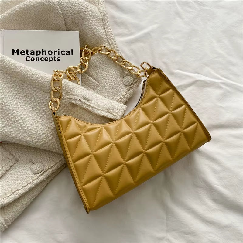 Women'S Diamond Pattern Shoulder Bag PU Leather Solid Color Niche Chain Handbag Fashion Females Underarm Shopping Bag