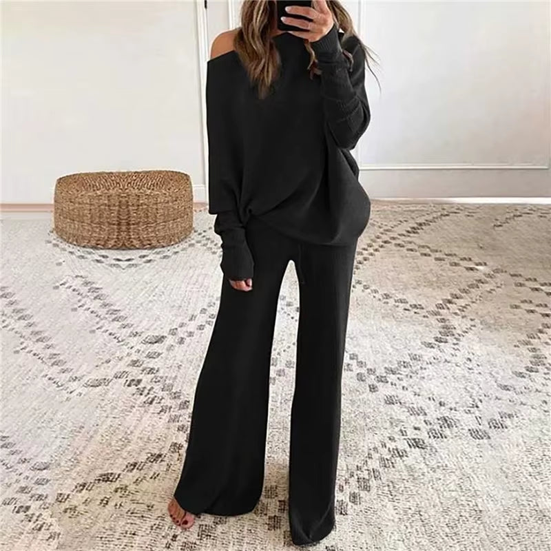 2Pcs Autumn Winter Pant Suits Women Outfits Knitted Pullover off Shoulder Top Wide Leg Pants Two-Piece Set Women Tracksuits