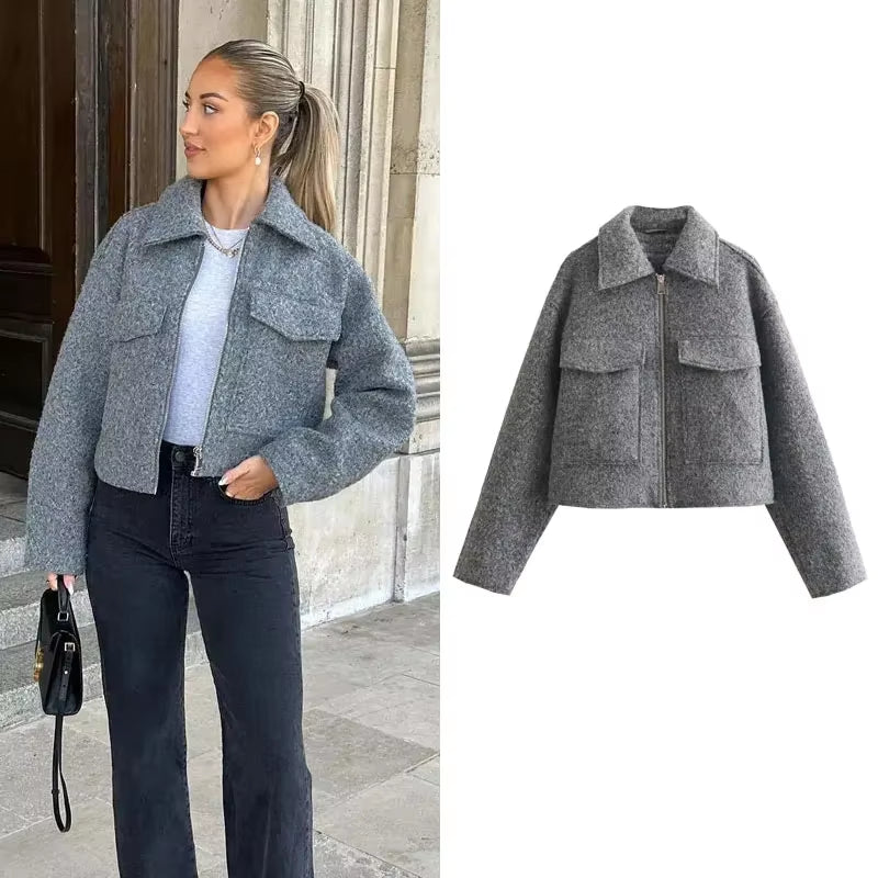 Autumn Winter Cropped Jacket for Women Short Coat Tweed Jacket Zip Crop Demi-Season Jacket Woman New in Outerwears