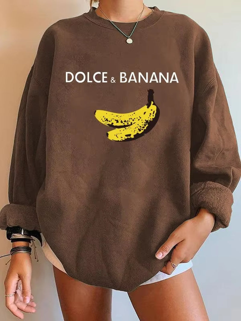 Banana Print Women Sweatshirts Streetwear round Neck Long Sleeve Drop Shoulder Loose Winter Woman Sweatshirts Moletom