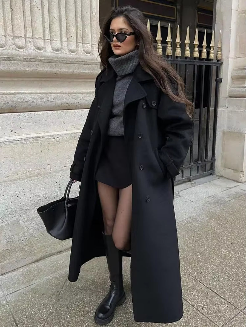 Elegant with Belt Black Long Coat for Women Oversize Woolen Double Button Lapel Overcoat Autumn New Lady High Street Outerwear