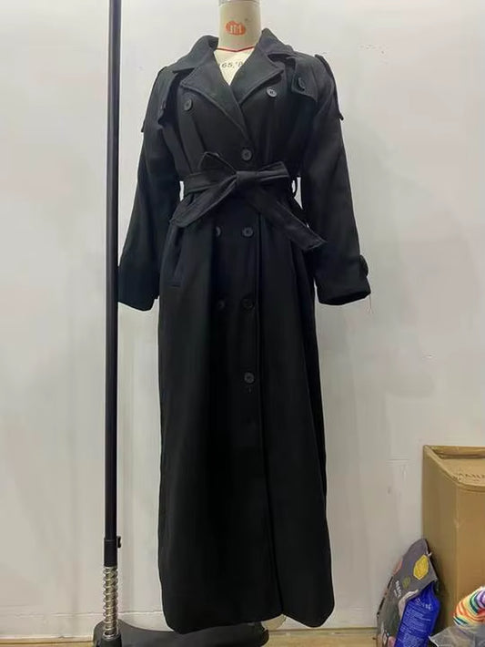 Elegant with Belt Black Long Coat for Women Oversize Woolen Double Button Lapel Overcoat Autumn New Lady High Street Outerwear