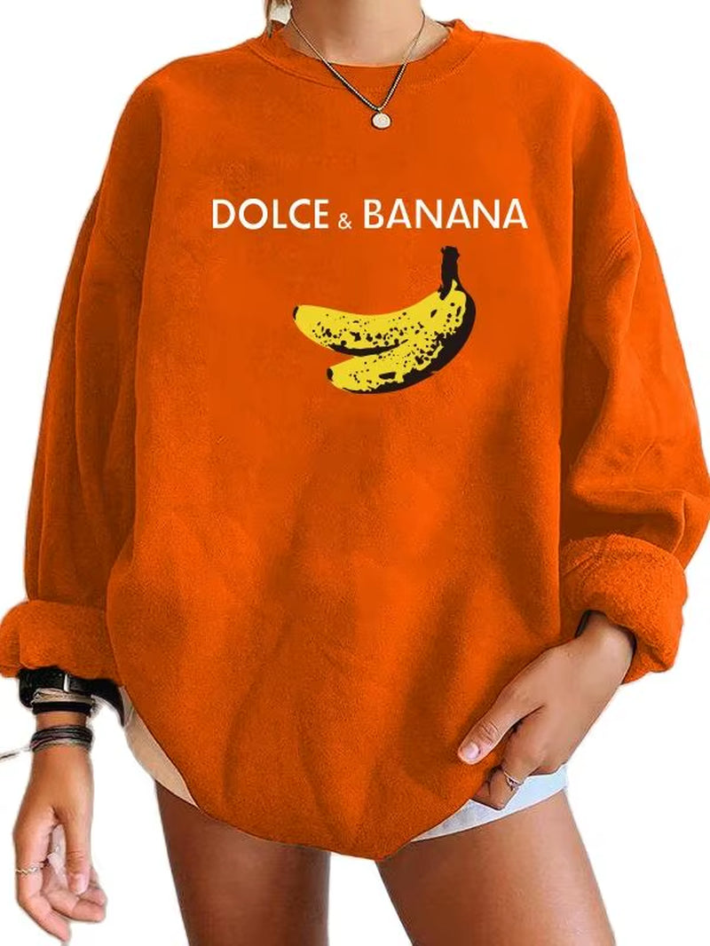 Banana Print Women Sweatshirts Streetwear round Neck Long Sleeve Drop Shoulder Loose Winter Woman Sweatshirts Moletom