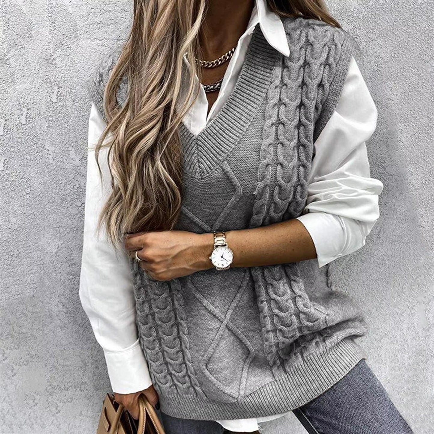 Ladies Knitted Jacquard Sweater Winter Clothes Women Sleeveless V-Neck Sweater Vest Retro College Uniform Female Sweater Top