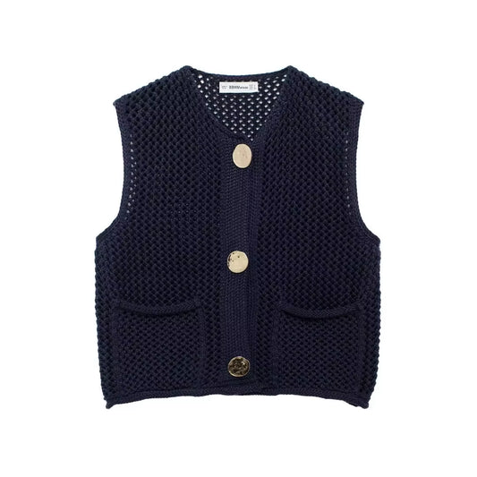 Women Fashion Sleeveless Coarse Needle Knitting Vest Sweater Female Chic Big Pockets Patch Buttons Cardigan Waistcoat Tops