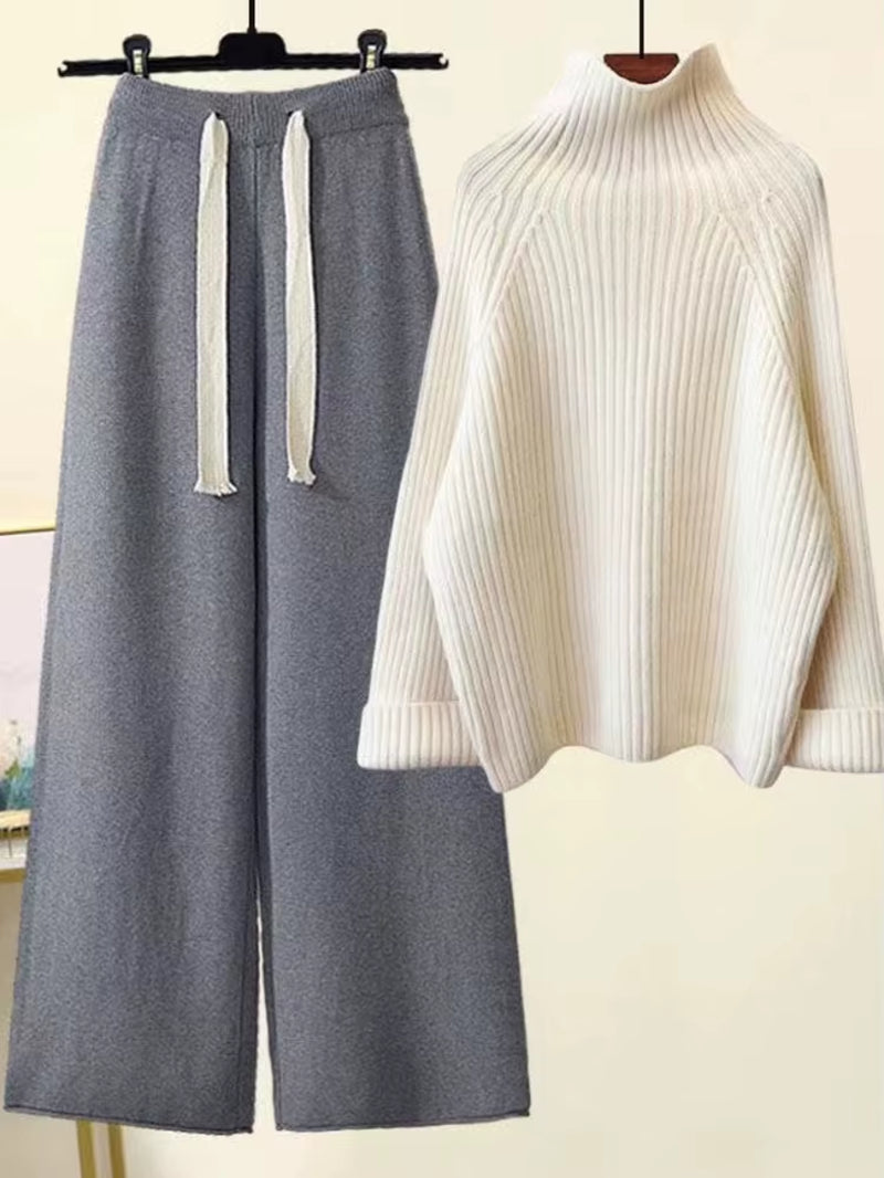 Winter Warm Knitwears Sets for Women Turtleneck Long Sleeve Pullover Sweater+High Waist Wide Leg Drawstring Knitted Pants Sets