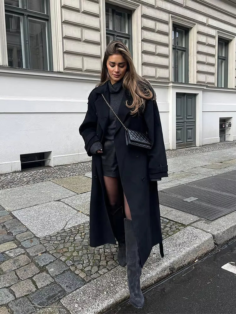 Elegant with Belt Black Long Coat for Women Oversize Woolen Double Button Lapel Overcoat Autumn New Lady High Street Outerwear