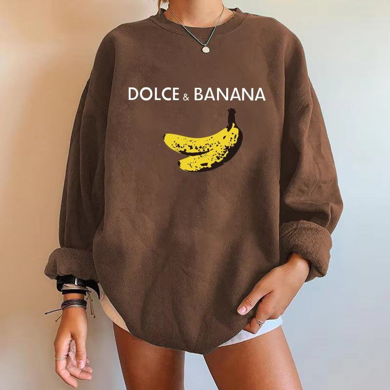 Banana Print Women Sweatshirts Streetwear round Neck Long Sleeve Drop Shoulder Loose Winter Woman Sweatshirts Moletom