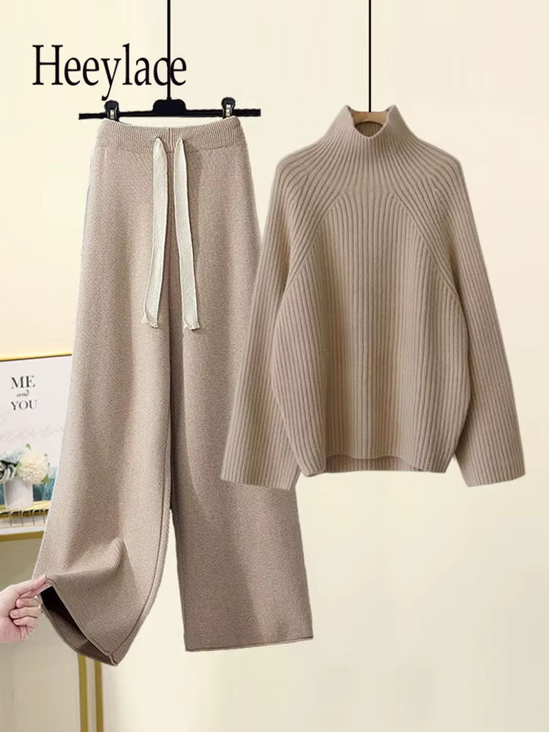 Winter Warm Knitwears Sets for Women Turtleneck Long Sleeve Pullover Sweater+High Waist Wide Leg Drawstring Knitted Pants Sets