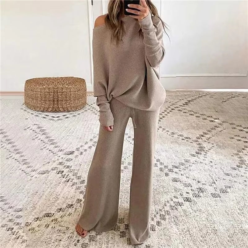 2Pcs Autumn Winter Pant Suits Women Outfits Knitted Pullover off Shoulder Top Wide Leg Pants Two-Piece Set Women Tracksuits